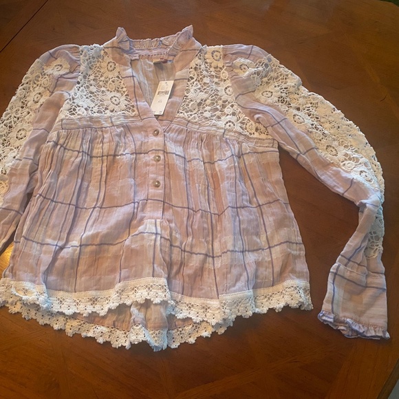 NWT Anthropologie PILCRO Purple Lavender Haze Plaid Crochet Sleeves Blouse - Picture 7 of 11